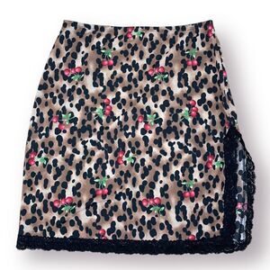 Fragile By XOXO  Leopard Cherry Lace Mini Skirt Size L Rockabilly Trashy Y2k